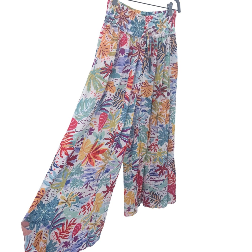 True Destinations Tropical Wide Leg Pants‎ Multicolor Palm Print Smocked Waist L